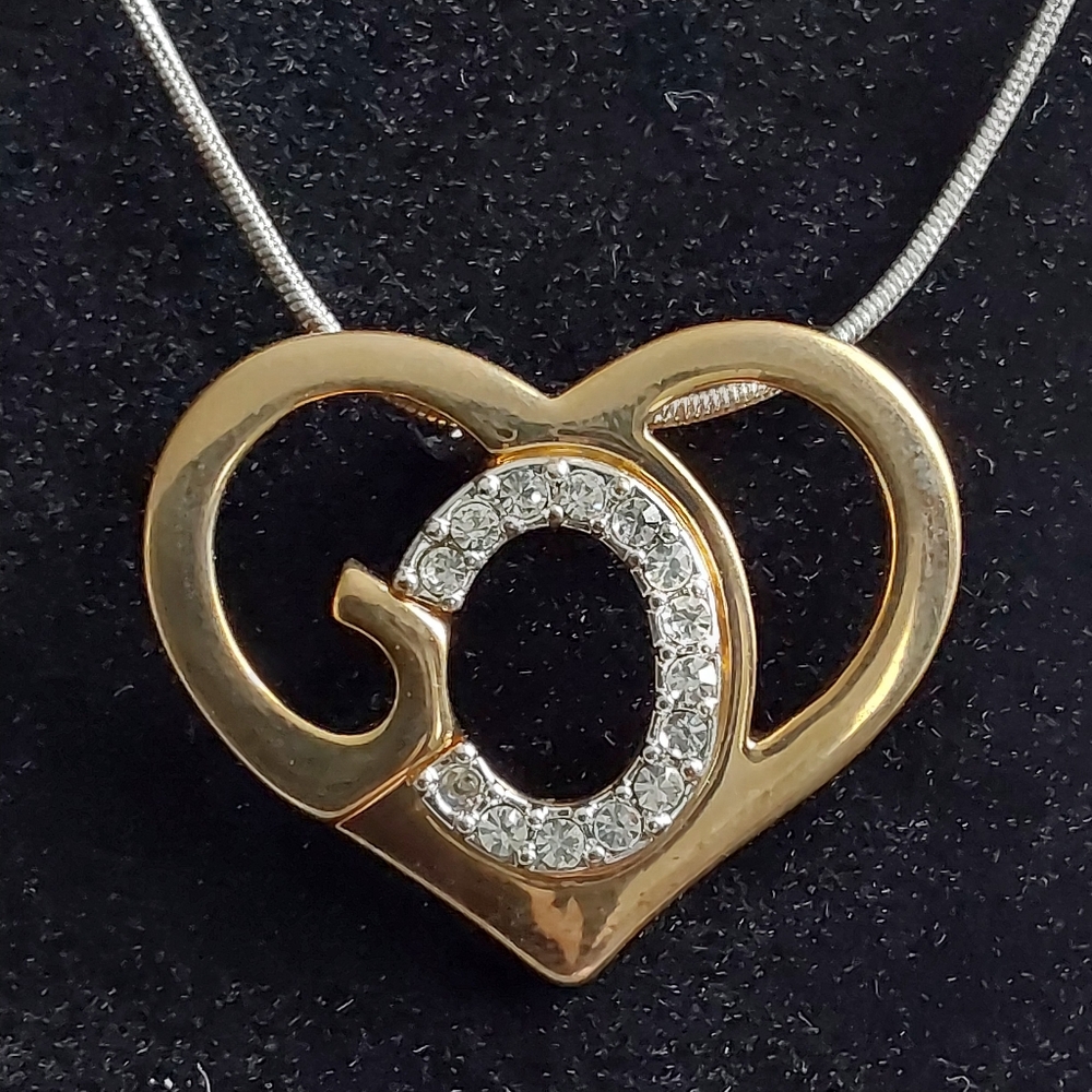 New God's Heart, pendant with necklace, rhinestones, silver and Gold, with box